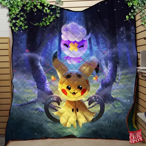 Spooky Drifloon And Pikachu Quilt Blanket