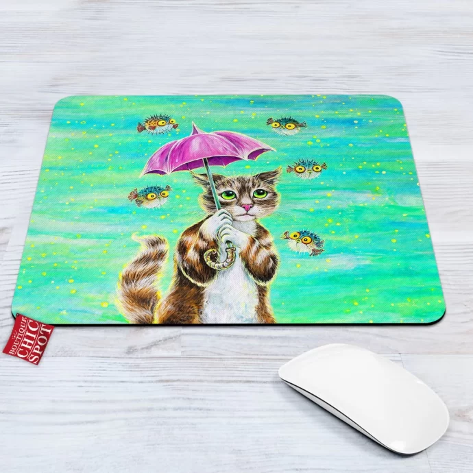 Cat With Umbrella Mouse Pad