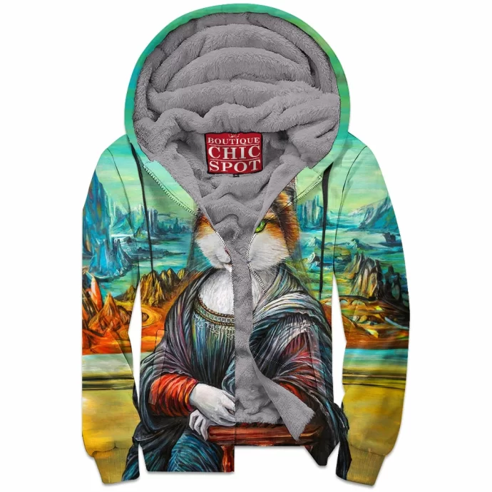 Mona Lisa Cat Zip Fleece Hoodie