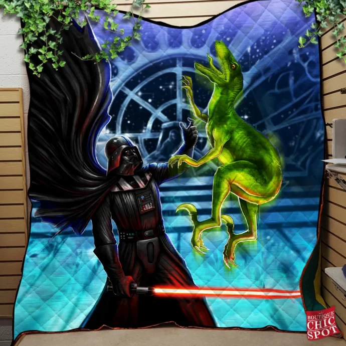 Darth Vader Vs Velociraptor Quilt Blanket