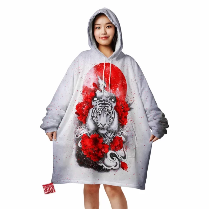 White Tiger Red Sun Blanket Hoodie