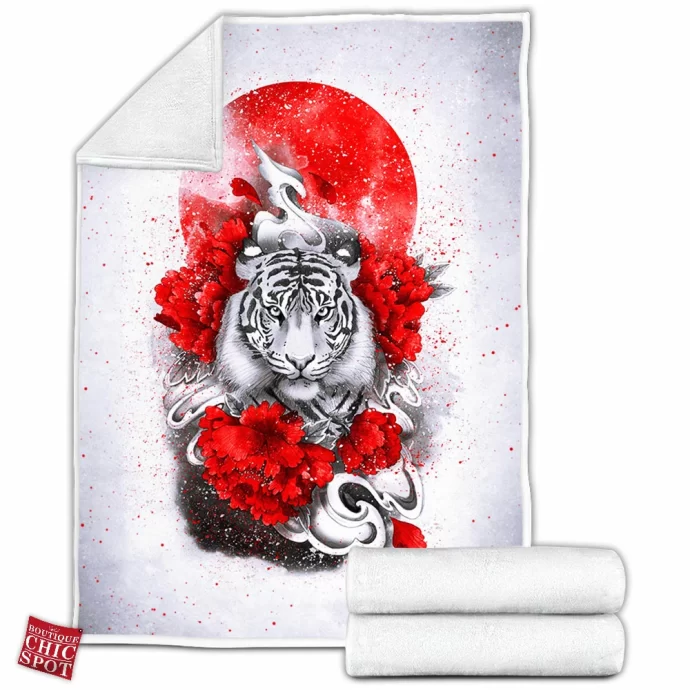 White Tiger Red Sun Fleece Blanket