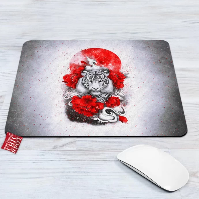 White Tiger Red Sun Mouse Pad