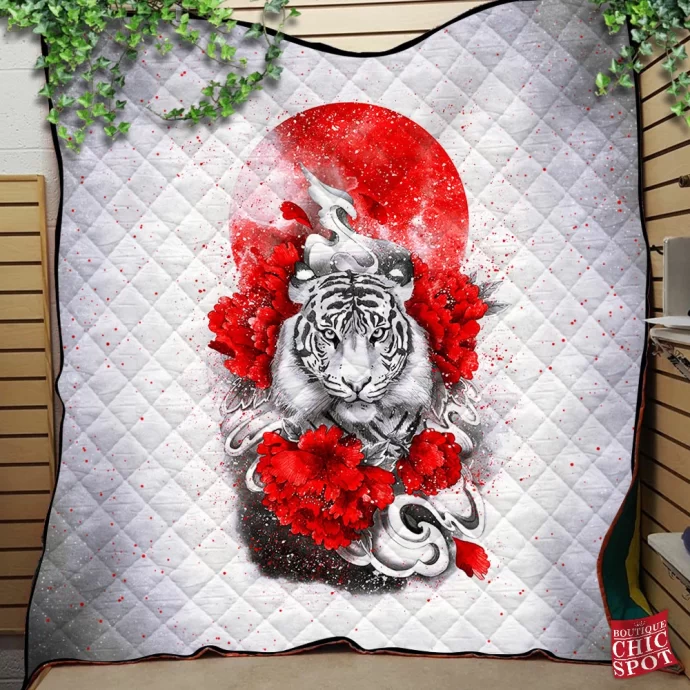 White Tiger Red Sun Quilt Blanket