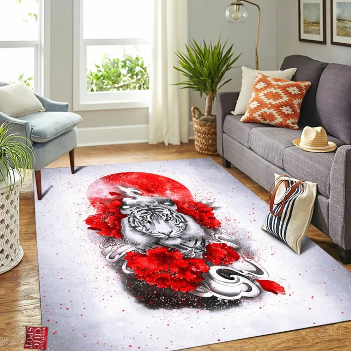 White Tiger Red Sun Rectangle Rug