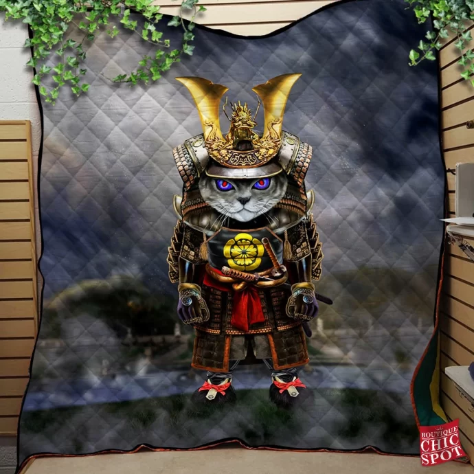 Samurai Evil Cat Quilt Blanket