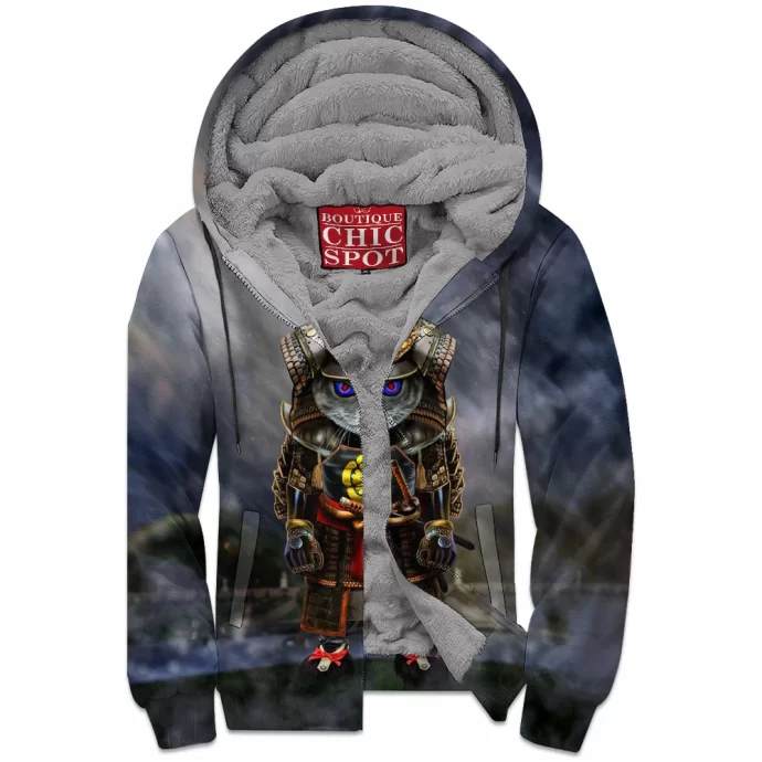 Samurai Evil Cat Zip Fleece Hoodie