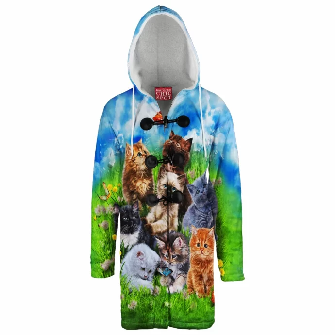 Kitten Playing in Garden Hooded Cloak Coat