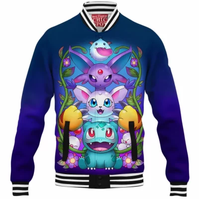 Bulbasaur Baseball-Jacket, Eevee Baseball-Jacket, Pokemon Baseball-Jacket, Anime Baseball-Jacket