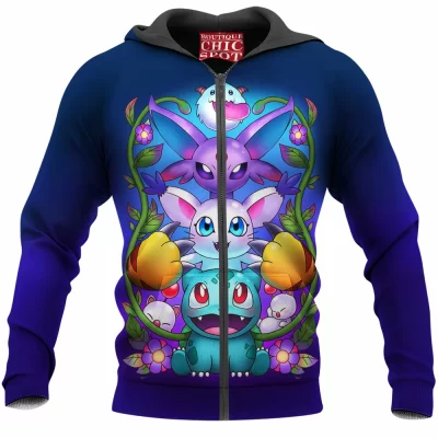 Bulbasaur Zip-Hoodie, Eevee Zip-Hoodie, Pokemon Zip-Hoodie, Anime Zip-Hoodie