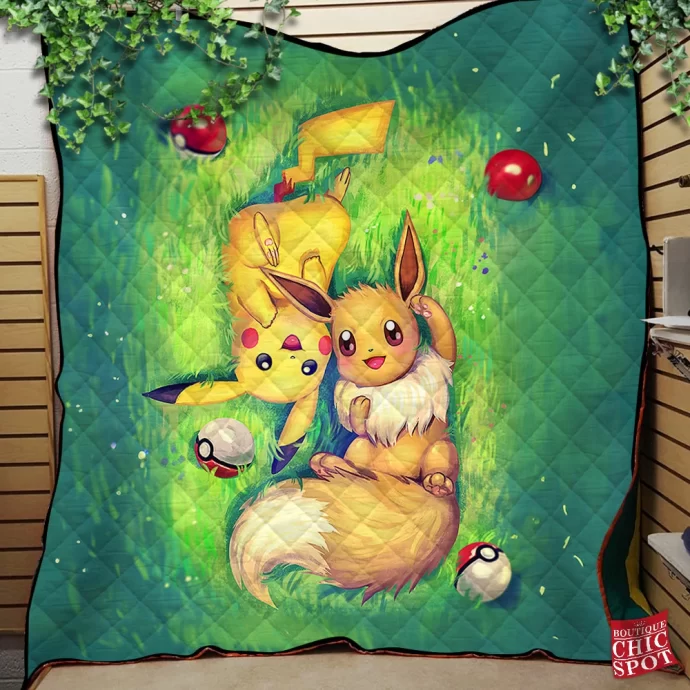 Eevee And Pikachu Quilt Blanket