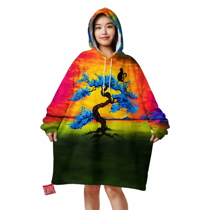 Cat watching the sunset Blanket Hoodie