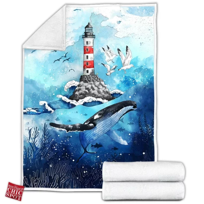 Whale Lighthouse Fleece Blanket