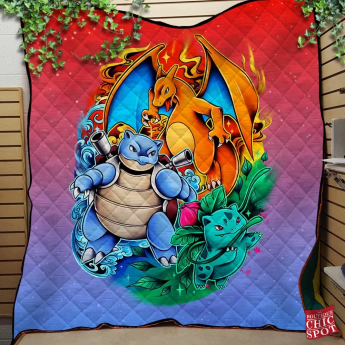 Charizard Blastoise Ivysaur Quilt Blanket