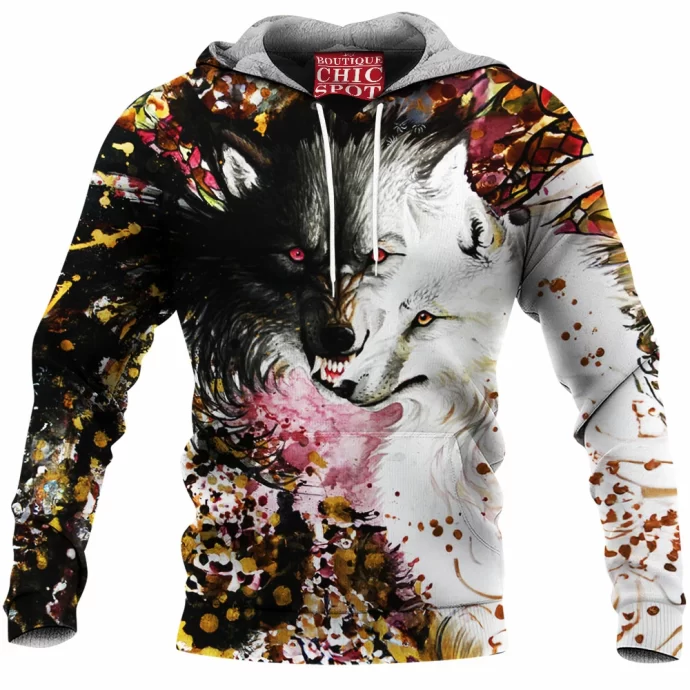 Black And White Wolf Fleece Hoodie