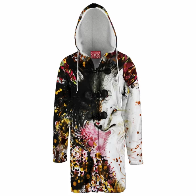 Black And White Wolf Hooded Cloak Coat