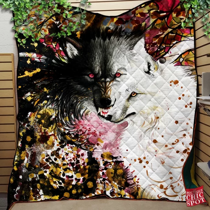 Black And White Wolf Quilt Blanket