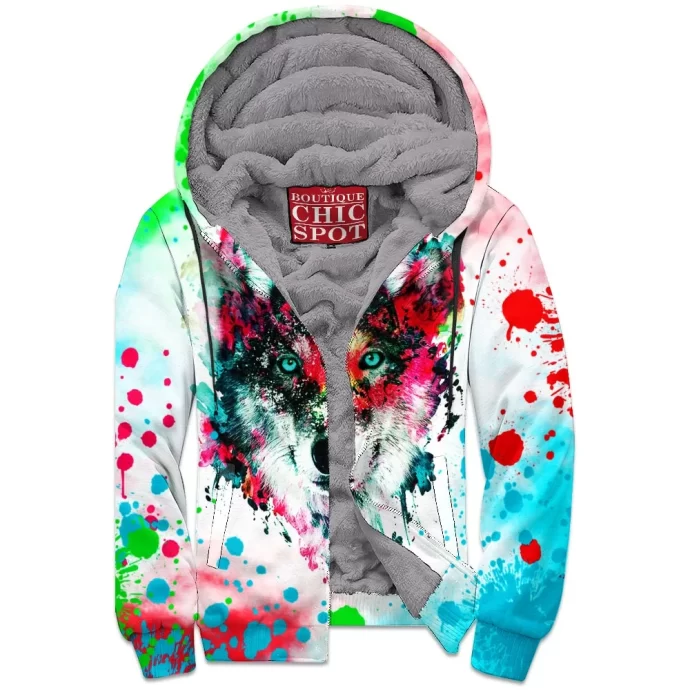 Watercolor Wolf Zip Fleece Hoodie