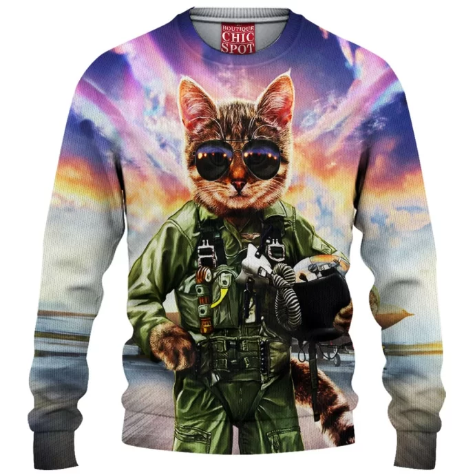 Cat Pilot in the Air Force Knitted Sweater