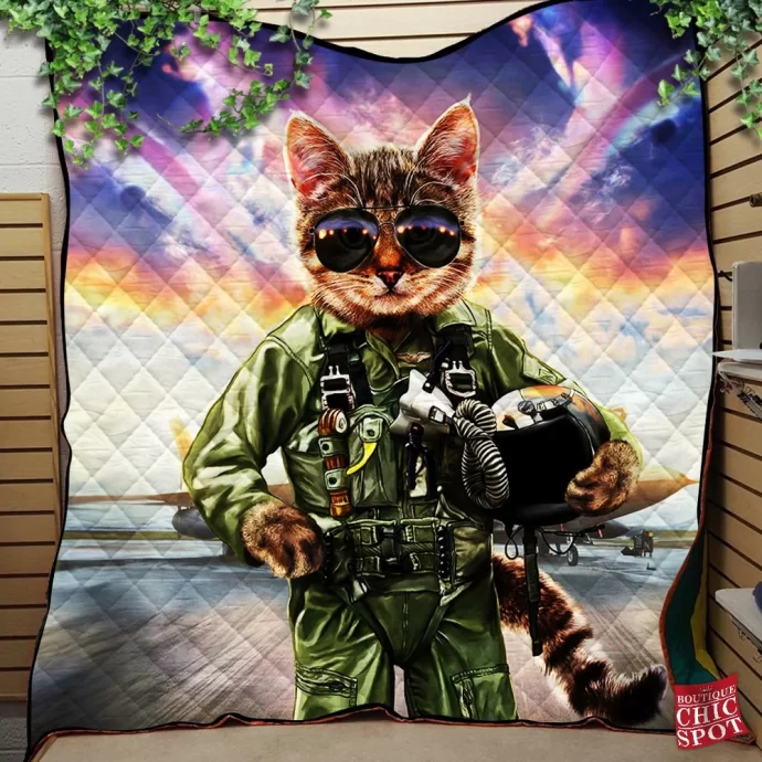 Cat Pilot in the Air Force Quilt Blanket