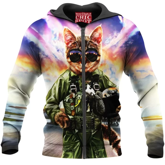 Cat Pilot in the Air Force Zip Hoodie