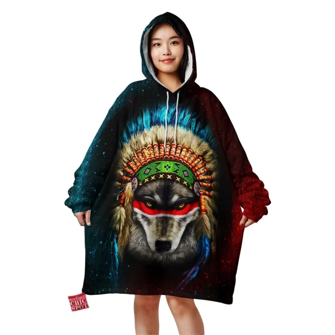 Indian War Chief Wolf Blanket Hoodie