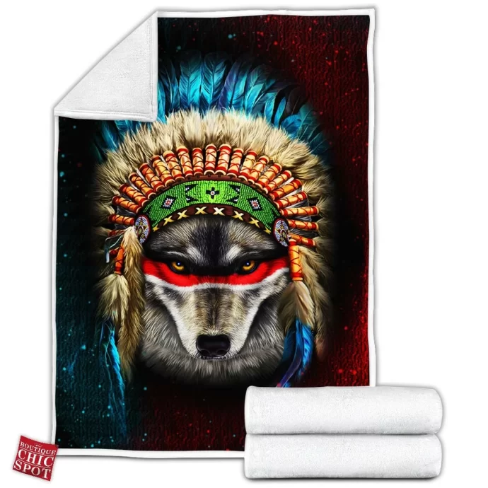 Indian War Chief Wolf Fleece Blanket