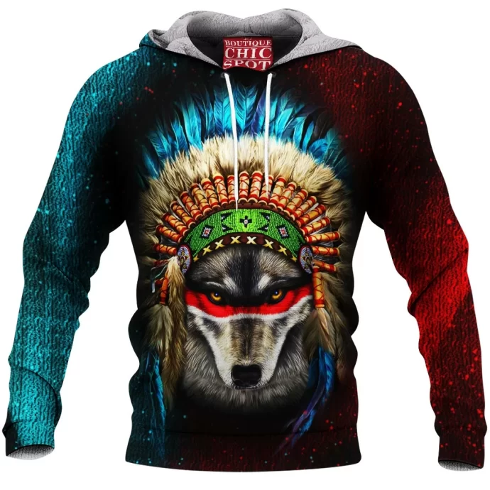 Indian War Chief Wolf Fleece Hoodie