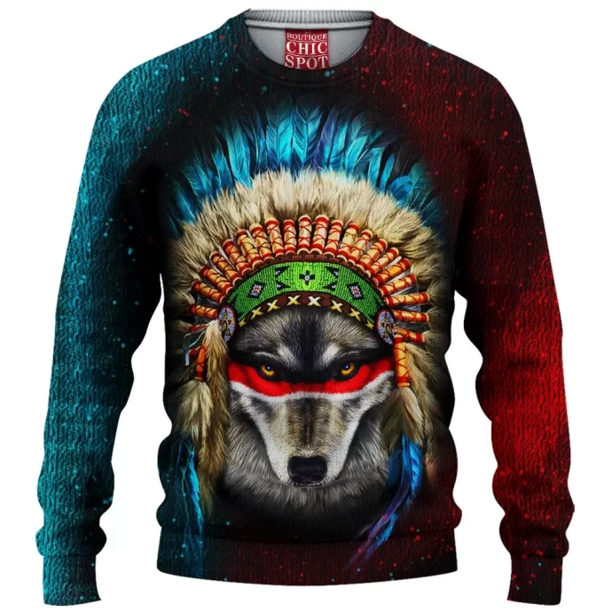 Indian War Chief Wolf Knitted Sweater