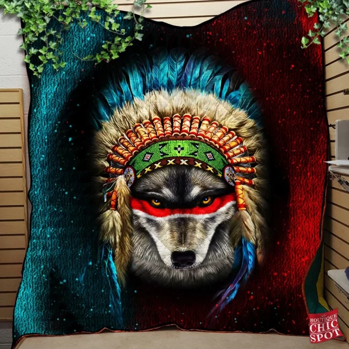 Indian War Chief Wolf Quilt Blanket