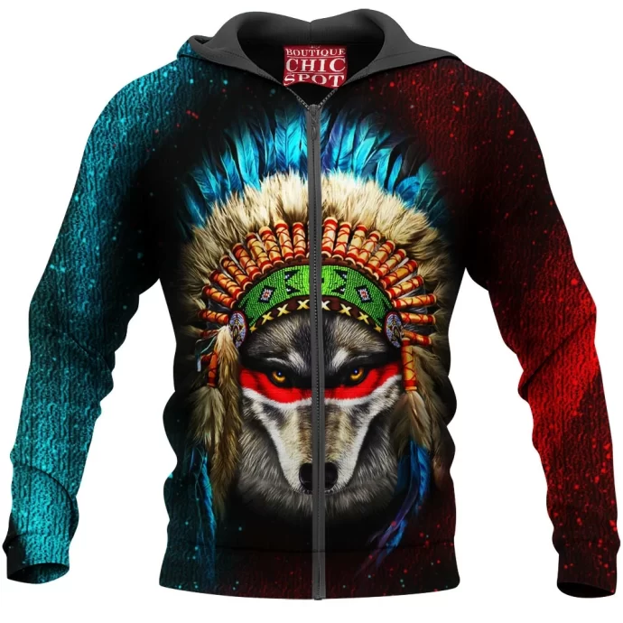 Indian War Chief Wolf Zip Hoodie