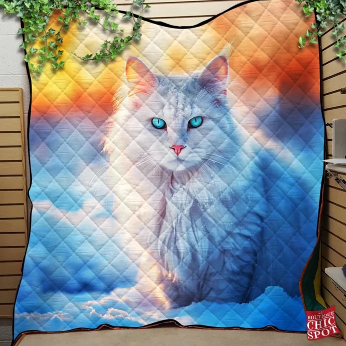 Blue Eyed White Cat Quilt Blanket