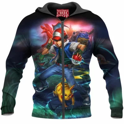 Anime Zip-Hoodie, Pokemon Zip-Hoodie, Ash Ketchum Zip-Hoodie