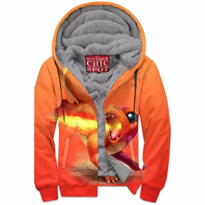 Anime Zip-Fleece-Hoodie, Charmander Zip-Fleece-Hoodie, Pokemon Zip-Fleece-Hoodie