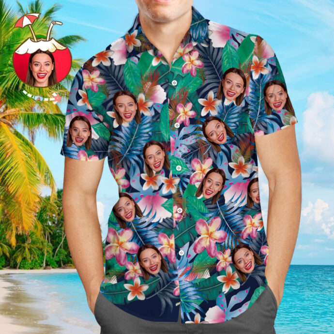 Personalized Hawaiian Shirt, Custom Hawaiian Shirt with Face Christmas Gifts Colorful Flowers