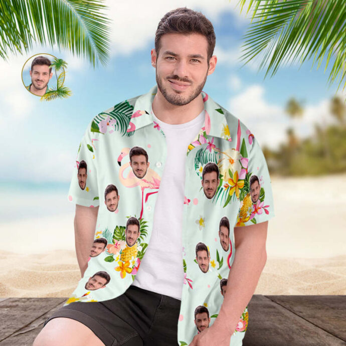 Personalized Hawaiian Shirt, Custom Hawaiian Shirt with Face Flamingos Mint Green