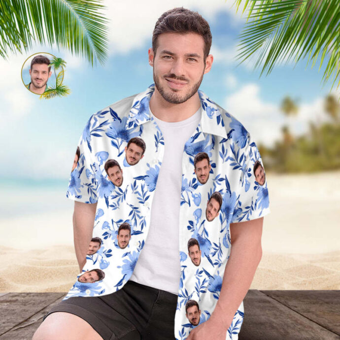 Personalized Hawaiian Shirt, Custom Hawaiian Shirt with Face Blue Leaves Gift for Men