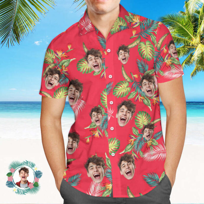 Personalized Hawaiian Shirt, Custom Hawaiian Shirt with Face Red Leaves