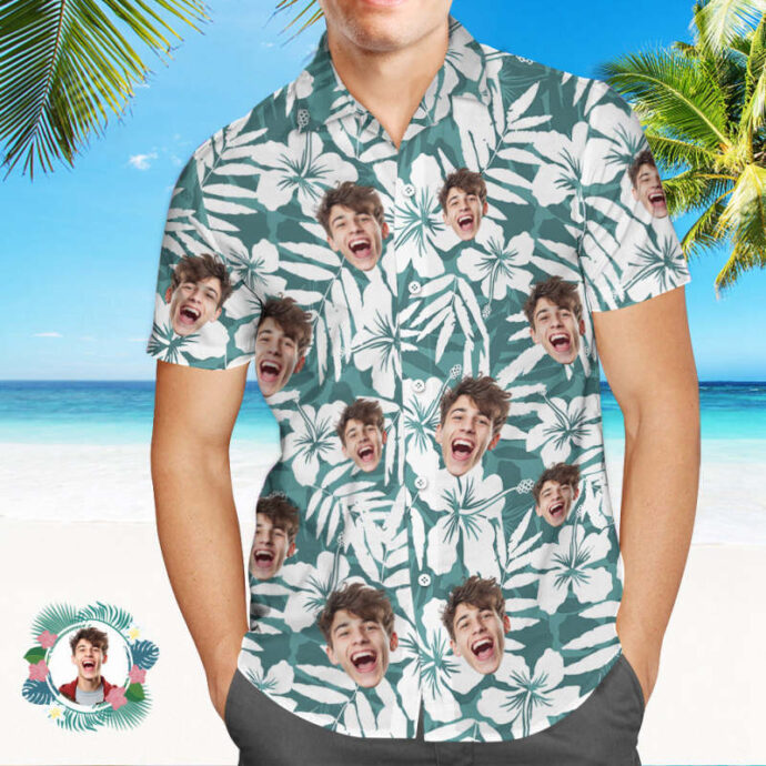 Personalized Hawaiian Shirt, Custom Hawaiian Shirt with Face White Flowers and Leaves Green