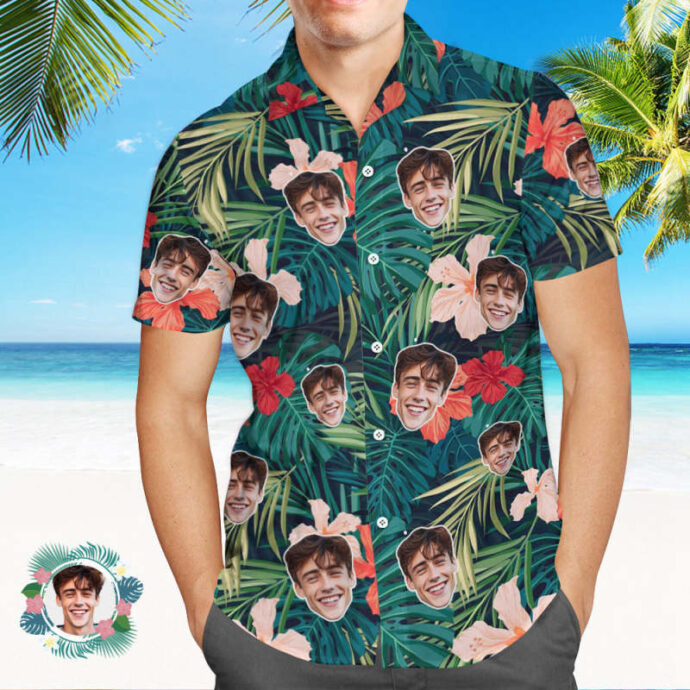 Personalized Hawaiian Shirt, Custom Hawaiian Shirt with Face Tropical Palm Leaves