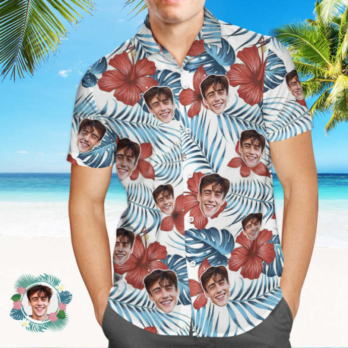 Personalized Hawaiian Shirt, Custom Hawaiian Shirt with Face Red Hibiscus