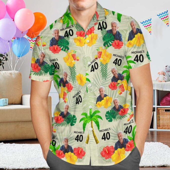 Personalized Hawaiian Shirt, Custom Hawaiian Shirt with Face And Number Birthday Yellow Flower and Palm Tree Shirt