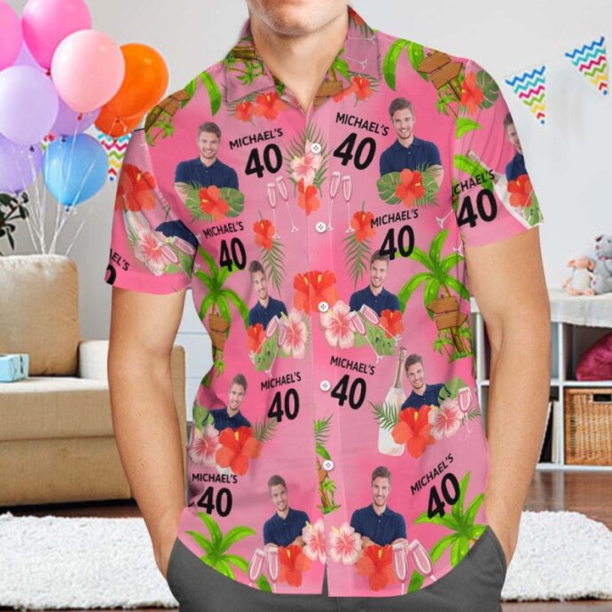 Personalized Hawaiian Shirt, Custom Hawaiian Shirt with Face, Custom Pink Date and Name Birthday Red Flower and Coconut Tree