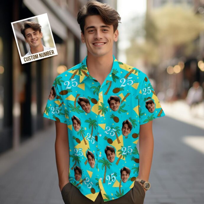 Personalized Hawaiian Shirt, Custom Hawaiian Shirt with Face and Number Coconut Tree and Pineapple