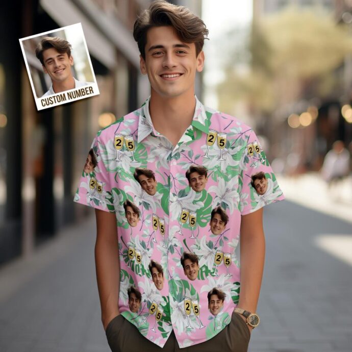 Personalized Hawaiian Shirt, Custom Hawaiian Shirt with Face and Number Wine Glass Green Sleeves Pink