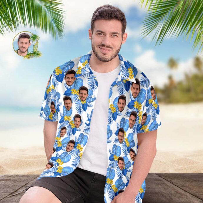 Personalized Hawaiian Shirt, Custom Hawaiian Shirt with Face Blue Flowers