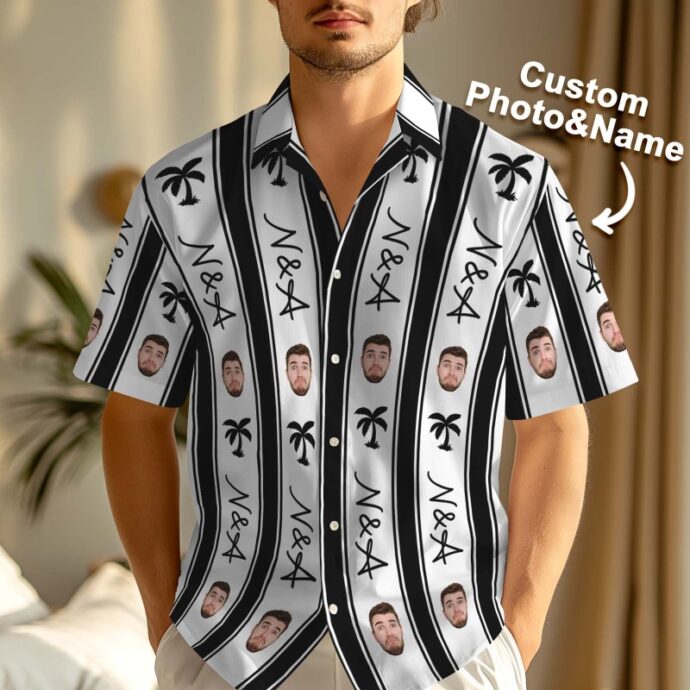 Personalized Hawaiian Shirt, Custom Hawaiian Shirt with Face and Name Striped Shirt Black White