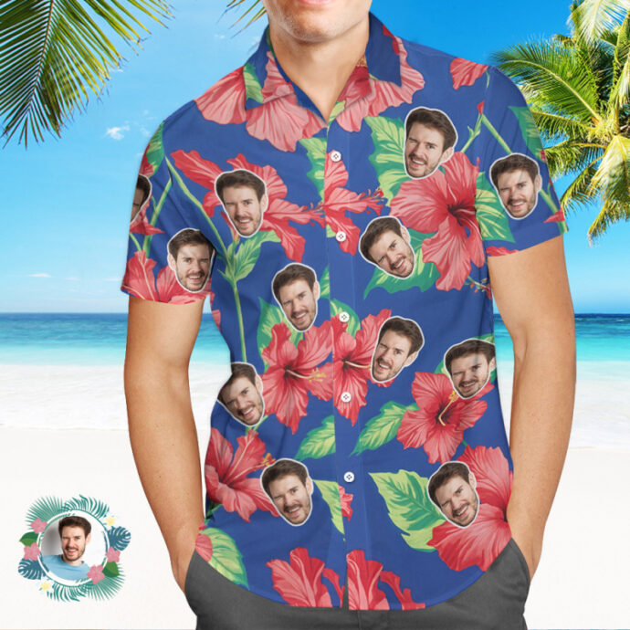 Personalized Hawaiian Shirt, Custom Hawaiian Shirt with Face Red Flowers Casual Shirt