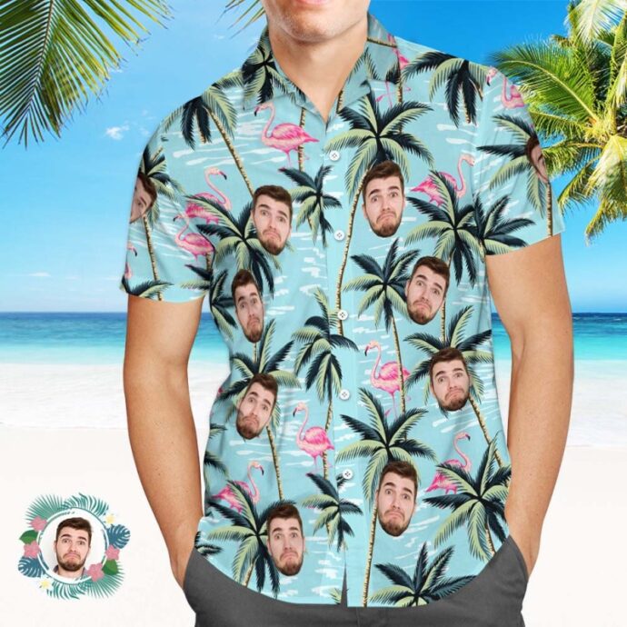 Personalized Hawaiian Shirt, Custom Hawaiian Shirt with Face Blue Flamingo Coconut Tree Light Blue