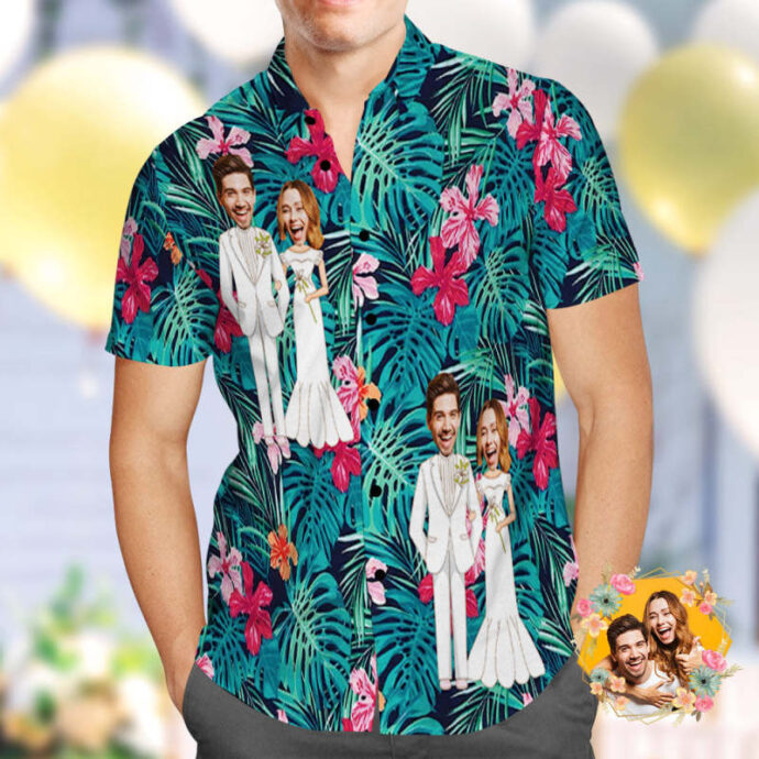 Personalized Hawaiian Shirt, Custom Hawaiian Shirt with Face Pink Flower Best Wedding Gift